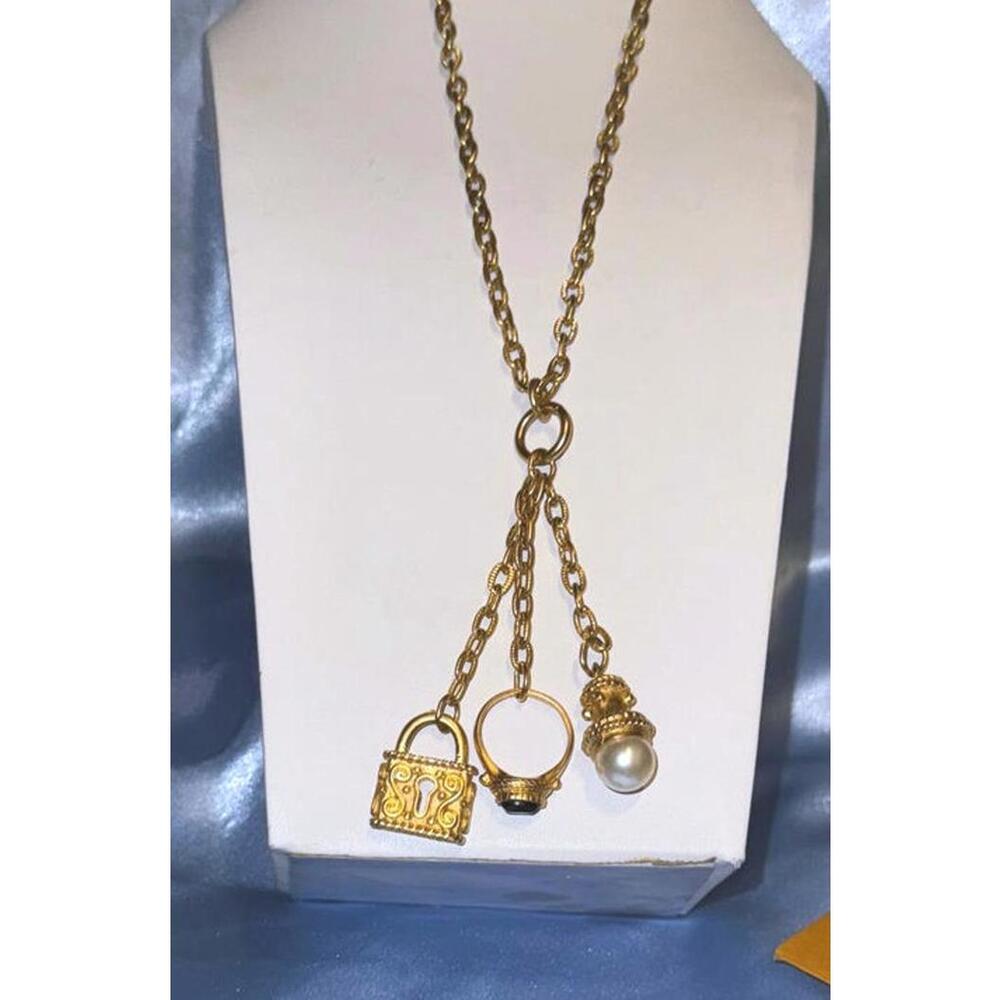 Large Heavy Link Gold Tone Chain with Drop Charms of Ring, Pearl and Lock